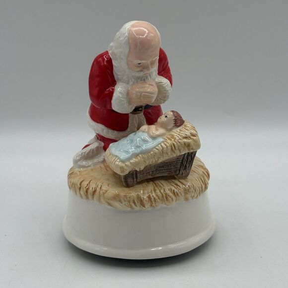 Vintage Christmas Musical Figurine Santa Kneeling Over Baby Jesus 1988 Holiday - Picture 1 of 10
